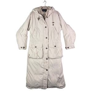 Lands’ End women’s long down puffer coat, cream/beige, size M (10–12)